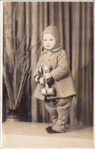 Studio Portrait of Child with Toy Jacket Unused Real Photo Postcard D70