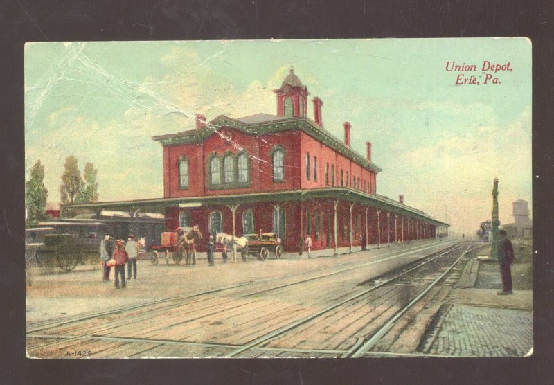 ERIE PENNSYLVANIA RAILROAD DEPOT TRAIN STATION PA. VINTAGE POSTCARD 1917