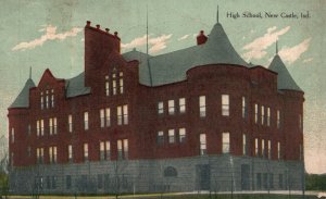 Vintage Postcard 1913 High School Red Brick & Stone New Castle Indiana IN