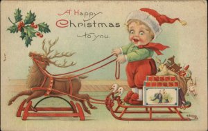 Christmas Boy Plays Santa Claus Toy Reindeer Stecher Ser 1282B Vintage Postcard