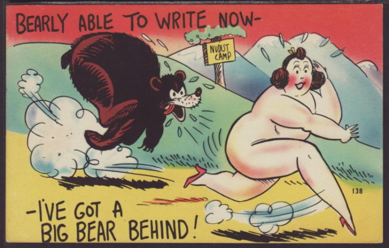 I've Got a Big Bear Behind,Bear Chasing Woman,Comic Postcard