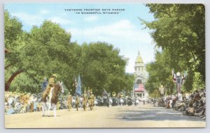 Western~Eckco-Chrome~Cheyenne Frontier Days Parade~Wonderful Wyoming~Flag~Vtg PC