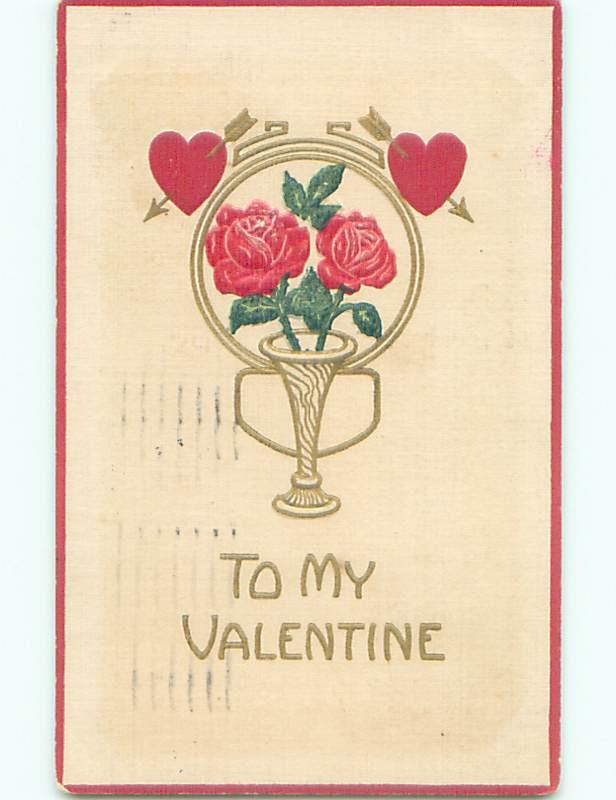 Pre-Linen valentine HEARTS OVER PINK ROSE FLOWERS IN ANTIQUE VASE J0211