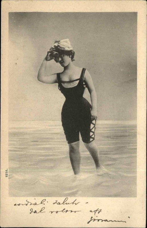 Bathing Beauty Standing in Water c1900 Italian b&w Postcard