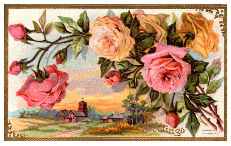 Greetings , pink and yellow roses , farm,   embossed