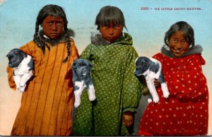 Postcard Six Little Arctic Natives Children and Dogs Alaska