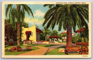 Corpus Christi Texas~Artesian Park & Palm Trees~Vintage Linen Postcard