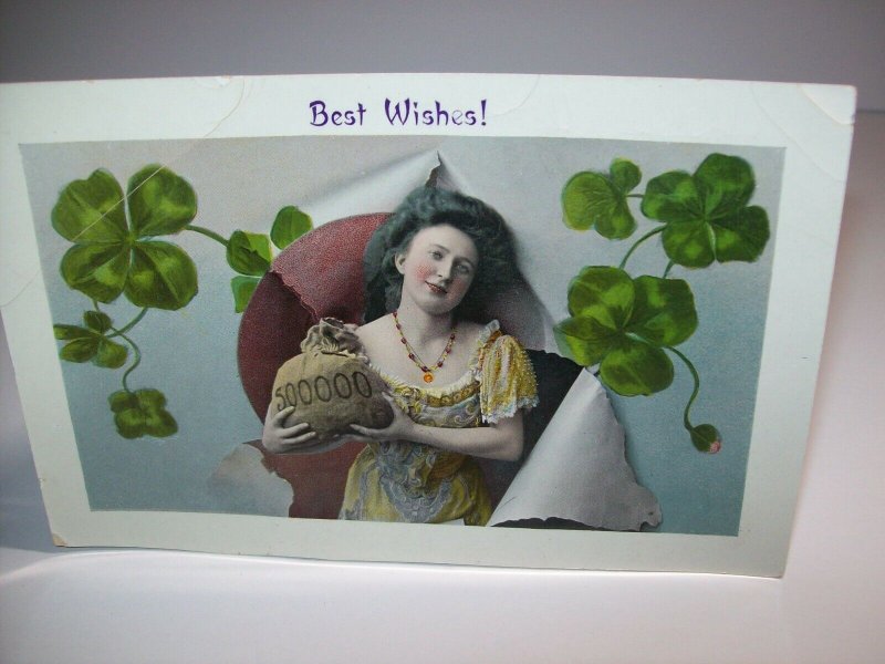 Saint Patrick's Day Postcard Women With Money Bag Original Unusual Gel Photo