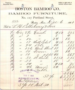 1901 Boston Bamboo Co. Bamboo Furniture Boston MA Bill Letterhead Billhead 2