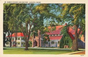 St. Mark's Church and Rectory Trees Green Grass, Augusta, Maine Linen Postcard