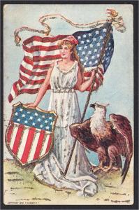 Lady Liberty U.S. Flag Shield and Eagle Patriotic Postcard by Sander UDB 1906