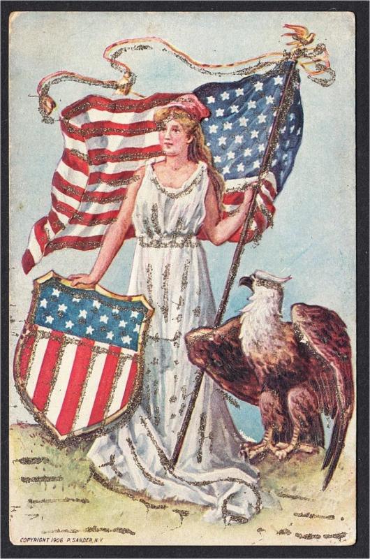 Lady Liberty U.S. Flag Shield and Eagle Patriotic Postcard by Sander UDB 1906