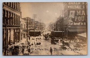 J87/ Zanesville Ohio RPPC Postcard c1913 Flood Disaster Main St Railroad 1804