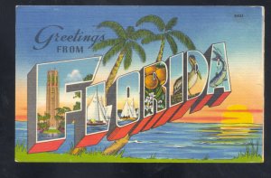 GREETINGS FROM FLORIDA BLUE VINTAGE LARGE LETTER LINEN POSTCARD