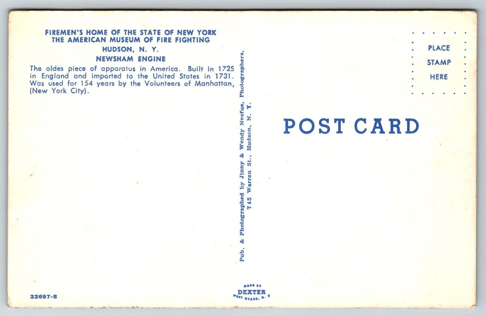 Fire Truck Engine Fireman Postcard Firemen's Home New York Hudson