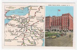 Elmira Regional Map Mark Twain Hotel Elmira Hotel New York linen postcard