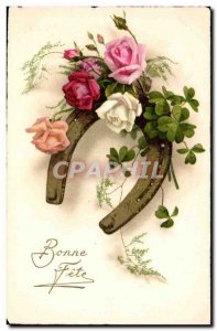Old Postcard Fantasy Flowers Bonne fete Fer a Cheval
