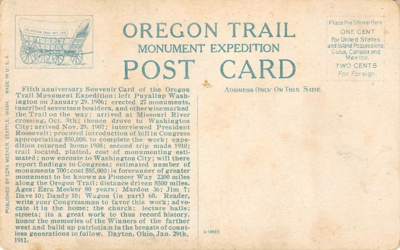 OREGON TRAIL Ezra Meeker 1911 Covered Wagon 5th Anniversary Vintage Postcard