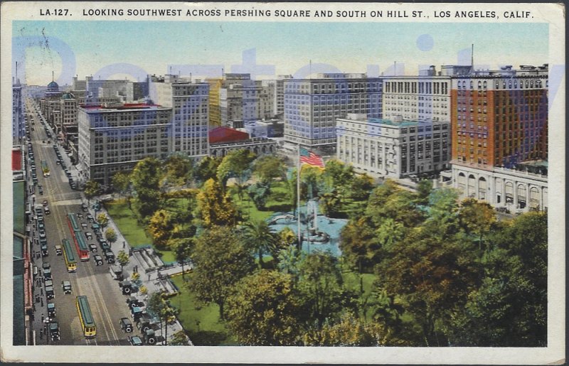LOOKING SOUTHWEST ACROSS PERSHING SQUARE ON SOUTH AND HILL LOS ANGELES CALIFO...