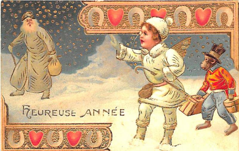 Happy New Year White Suited Santa Claus Monkey France Postcard