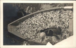 Commerical Fishing Herring Fish in Boat West Southport ME Cancel RPPC