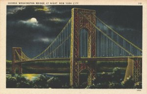 USA George Washington Bridge At Night New York City Linen Postcard 03.71