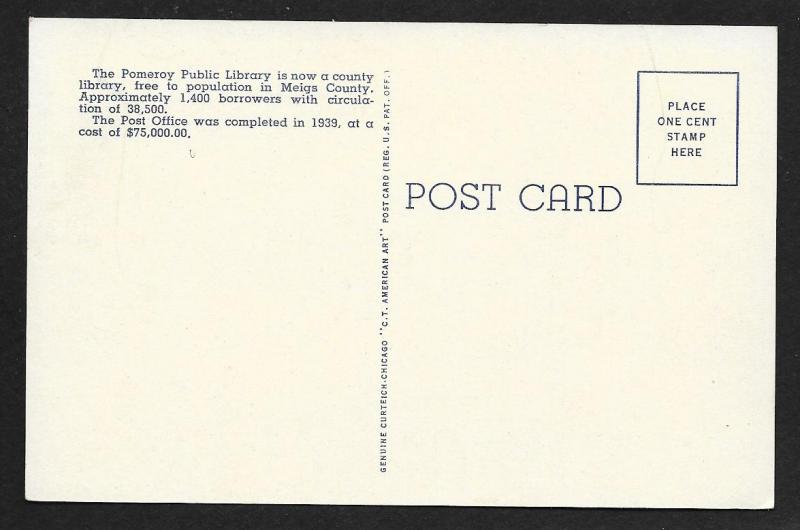 Street View Carnegie Library & US Post Office Pomeroy Ohio Unused c1941