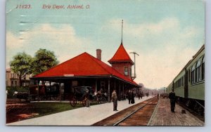 K1/ Ashland Ohio Postcard c1910 Erie Railroad Depot Train  122