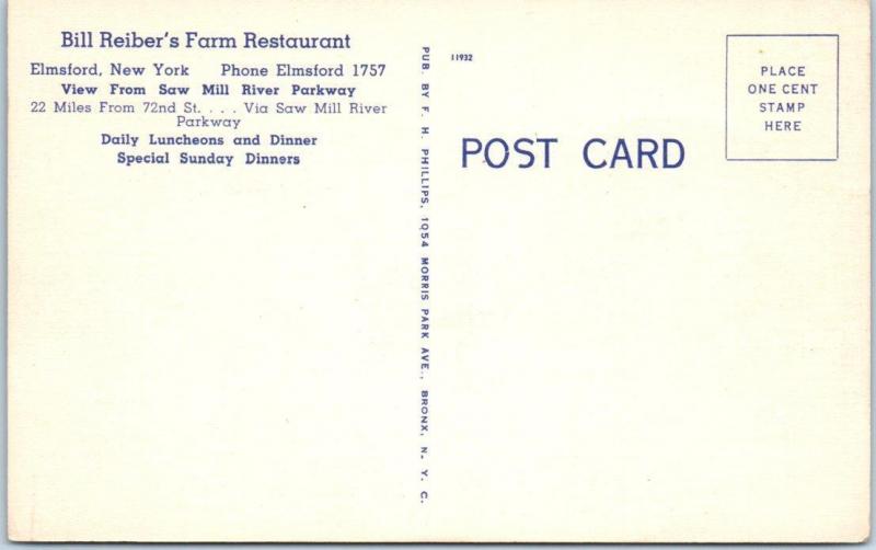 ELMSFORD, New York  NY   Roadside BILL REIBER'S FARM RESTAURANT  1940s Postcard*