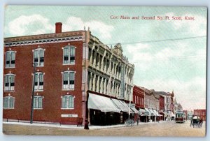 Fort Scott Kansas Postcard Cor Main Second Streets Building Streetcar Road 1910