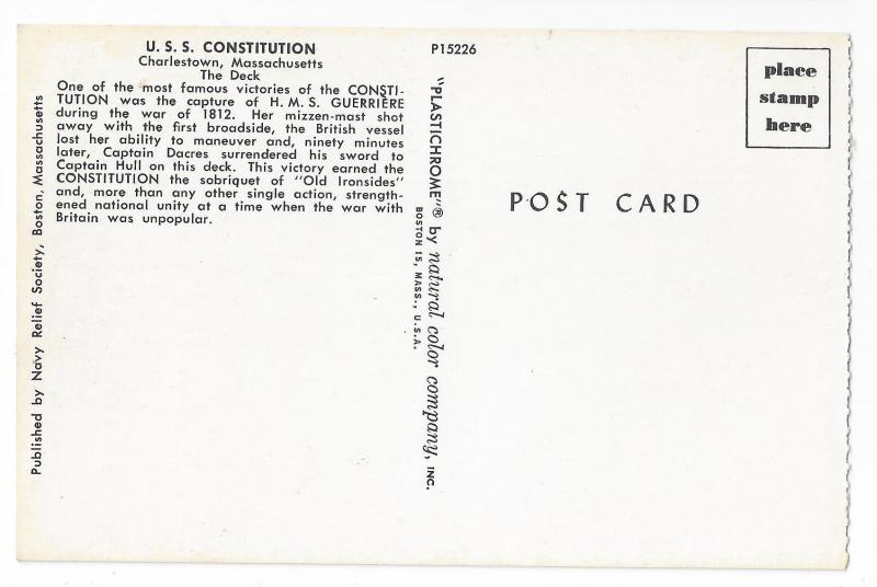 USS Constitution Postcard Deck Bell Lifeboat Charlestown MA