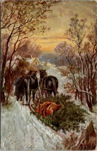Christmas Hauling the Tree in Rustic Forest Snow Scene Art  Postcard V4