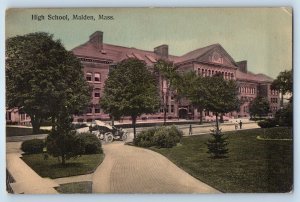 1910 Malden Massachusetts MA Postcard High School Building Car Field Road Posted
