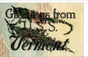 US Naval Ship USS Vermont Glitter Large Letter Greeting Postcard c1910