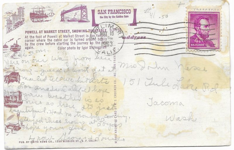 US San Francisco - Powell at Market St. used and stamped. Mailed 1963.  Nice.