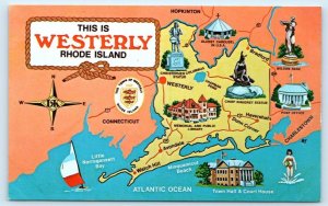 WESTERLY, RI Rhode Island ~ Pictorial MAP CARD c1960s Washington County Postcard