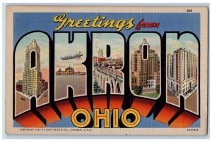 1948 Greetings from Akron Ohio OH Large Letter Air Dirigible Multiview Postcard 