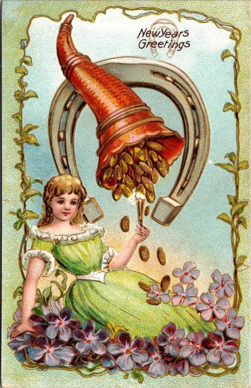 New Year PC Young Woman In Purple Flowers Horn Of Plenty Gold Coins Horseshoe