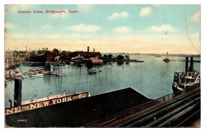 1914 Harbor View, Steam boats, sailboats, Bridgeport, CT Postcard