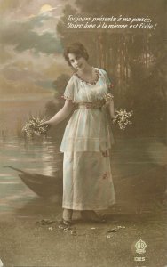 Postcard greet charm fashion dress coiffure glam fancy early lady smile shy boat