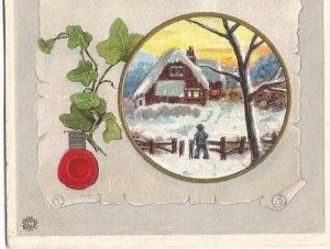 Christmas Post Card, Snow Covered Cottage Scene Man Coming Home Merry Christmas