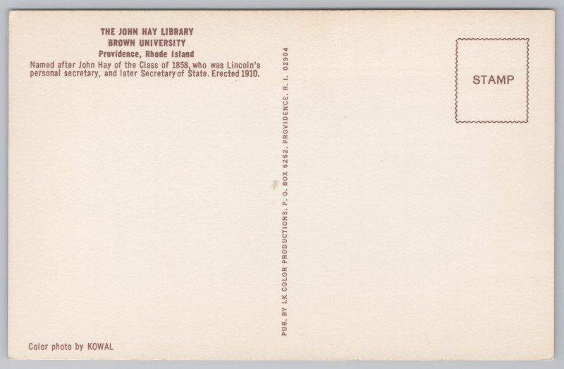 State View~John Hay Library @ Brown University~Providence RI~Vintage Postcard