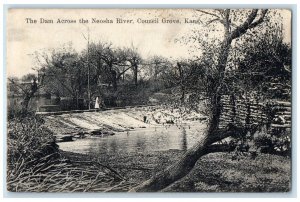 1908 Dam Across Neosha River Lake Trees Council Grove Kansas KS Vintage Postcard