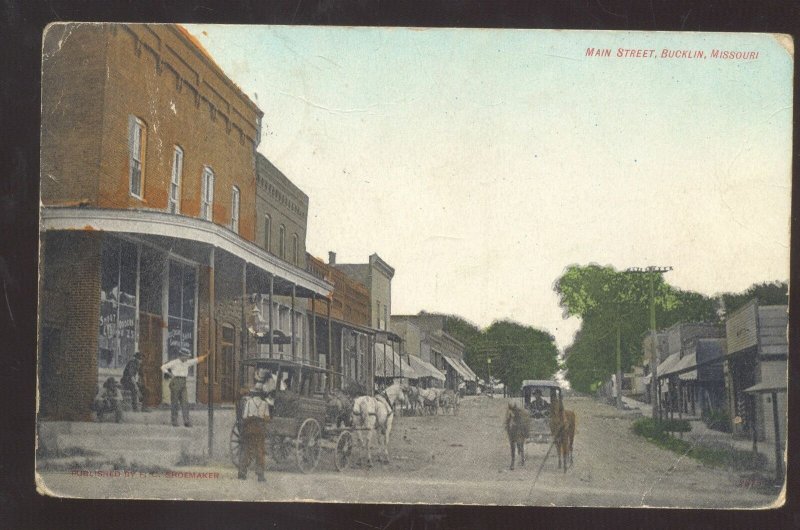 BUCKLIN MISSOURI DOWNTOWN MAIN STREET HORSE & BUGGY VINTAGE POSTCARD MO.