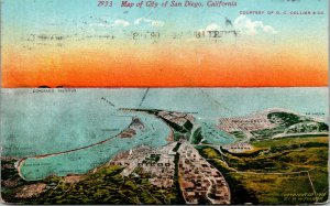 Vtg 1910s Map of City of San Diego California CA Antique Postcard