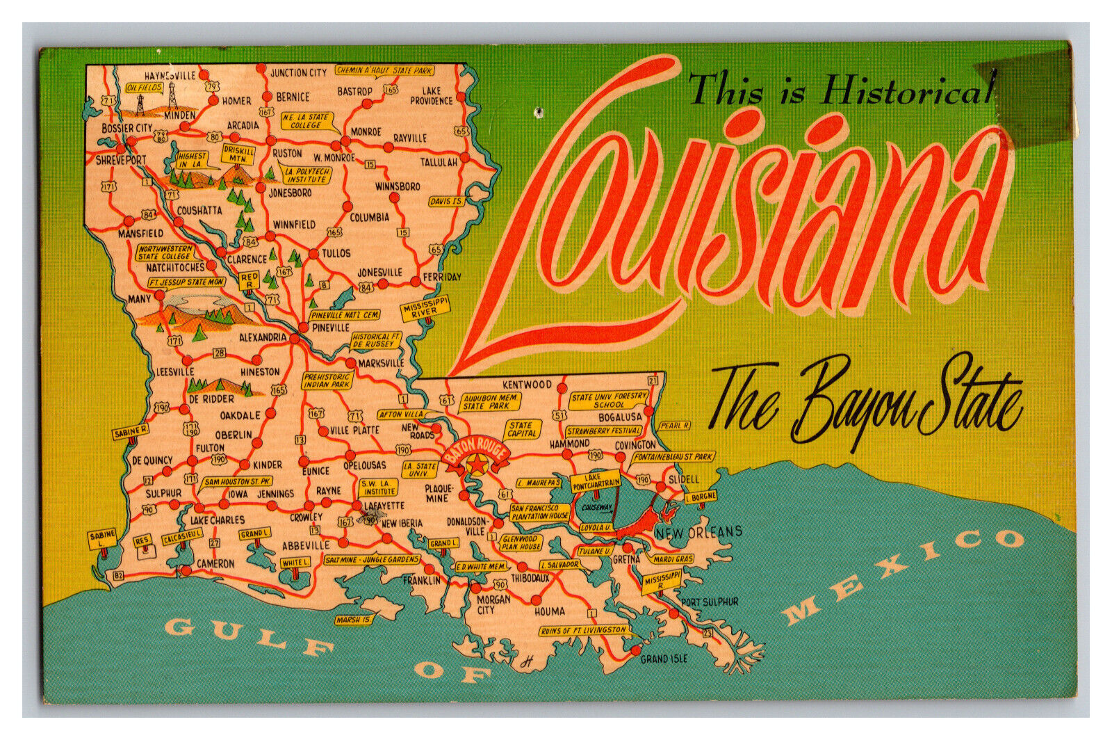 Vintage Postcard This Is Louisiana The Bayou State Map Card United