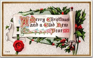 A Merry Christmas And A Glad New Year Holy Leaf Cherry Greetings Postcard