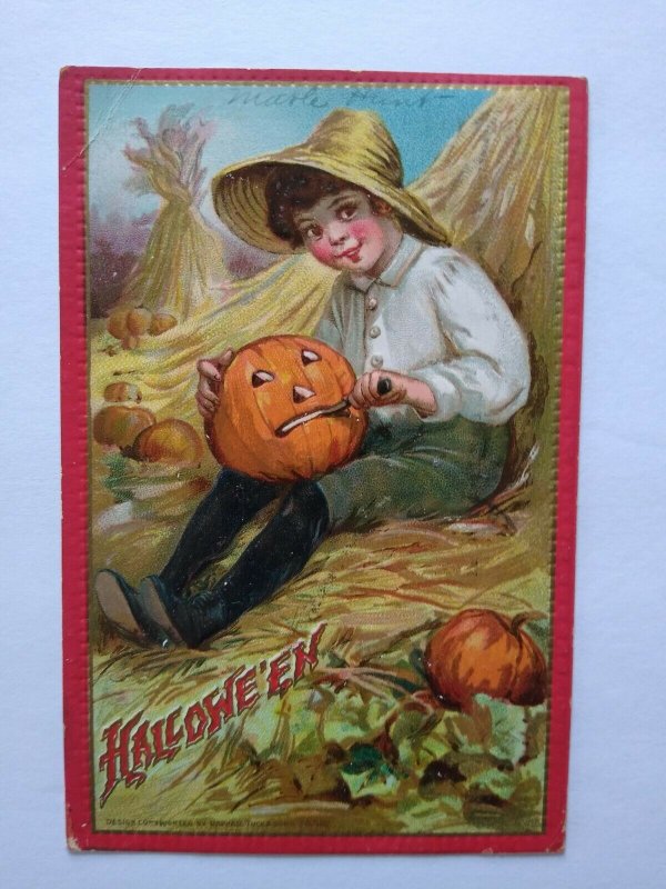 Tucks Halloween Postcard Vintage 1911 Embossed Boy Carving JOL Series 174 Orig 