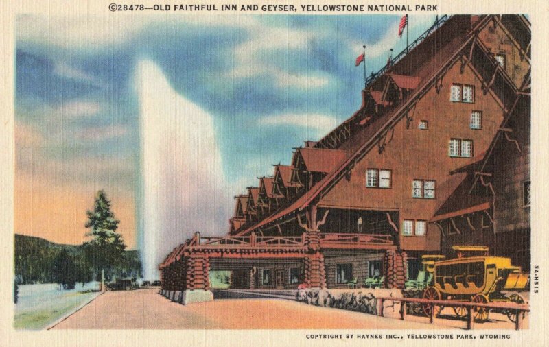 Postcard Old Faithful Inn and Geyser Yellowstone National Park Wyoming