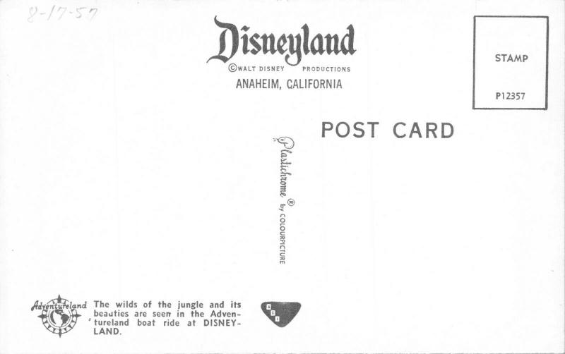 DISNEYLAND CA~WILDS JUNGLE-WATERFALL-ADVENTURELAND-AMUSEMENT PARK-1957 POSTCARD 